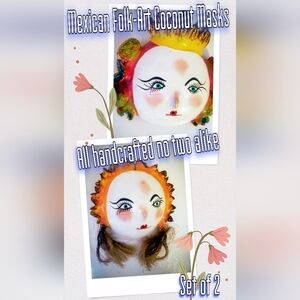 Set of 2 Vintage Mexican Folk Art Coconut Shell Masks - Rustic Fairskined Girls